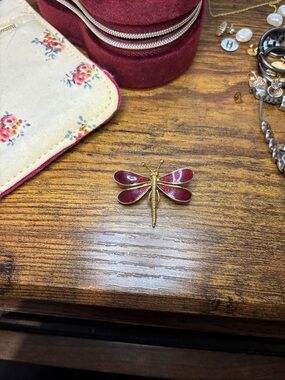 Gold-tone Dragonfly Brooch with Burgundy Enamel Wings